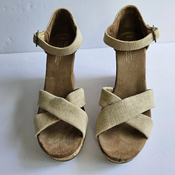 TOMS Women’s Natural Canvas Cork Wedge Heels Size 9.5M Criss Cross Peep Toe Espa - Picture 4 of 9